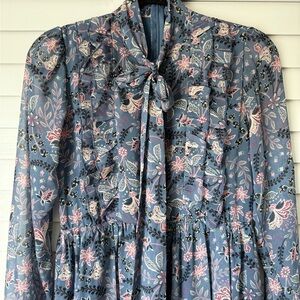 Floral Blue Long-Sleeve Dress with Bow